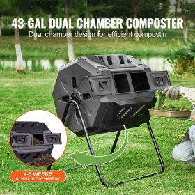 Compost Bin, 43-Gal Dual Chamber Composting Tumbler, Large Tumbling Rotating Composter with 2 Sliding Doors and Steel Frame